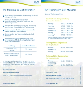 Flyer_MTT_2026 Trainingszeiten und Preise Selbstzahlertraining ZaR Münster – Informationsflyer